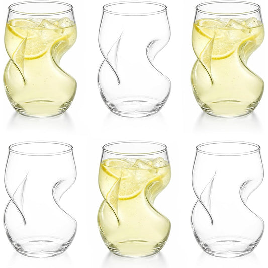 6pcs Wave Shape Drinking Glasses, 400ml Curved Creative Glassware for Cocktails, Juice, Soda, Beer, Whisky & Tea