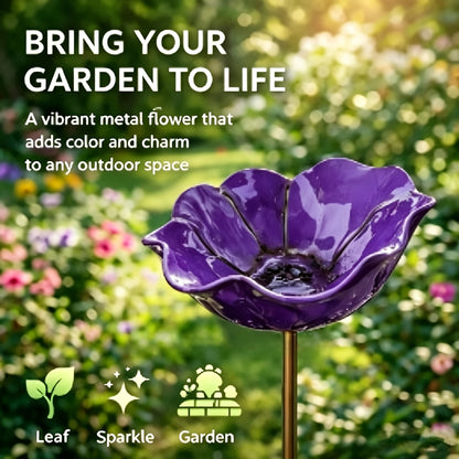 [3D] Handmade Metal Flower Garden Stake with Bee Bath Bird Water Bowl Decorative Outdoor Yard Art, Butterfly & Pollinator Watering Station, Weather-Resistant Garden Decor Gift