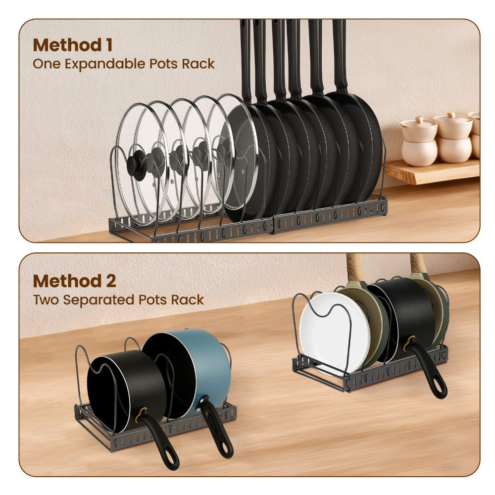 1 Set Pot and Pan Organizer Rack with 10 Adjustable Dividers – Expandable Kitchen Cabinet Storage for Lids, Dishes, Cookware – Bakeware Rack for RV & Home