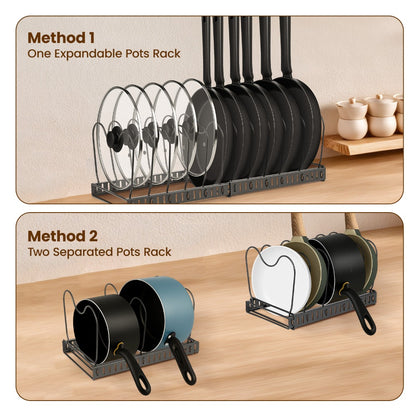 1 Set Pot and Pan Organizer Rack with 10 Adjustable Dividers – Expandable Kitchen Cabinet Storage for Lids, Dishes, Cookware – Bakeware Rack for RV & Home