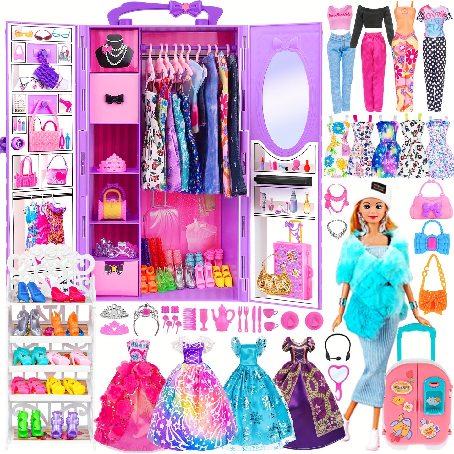 106pcs 29.21 cm Girl Doll with Doll Closet Clothes And Additions, Blue Fur Shawl with Dress, Luggage, Princess Gowns, Outfits, Bikini, Shoes Rack Toys for 3+ Years Old Girls (Include Doll)