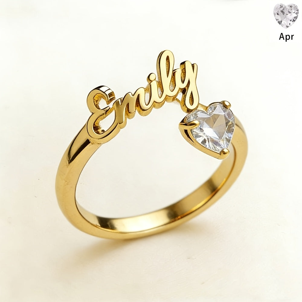 Personalized Heart Birthstone Ring, Custom Birthstone Golden Name Ring, Stainless Steel Elegant Nameplate Open Ring, Best Birthday Gift for Her, Birthstone Jewelry, Light Issues May Cause Color Differences in Birthstones