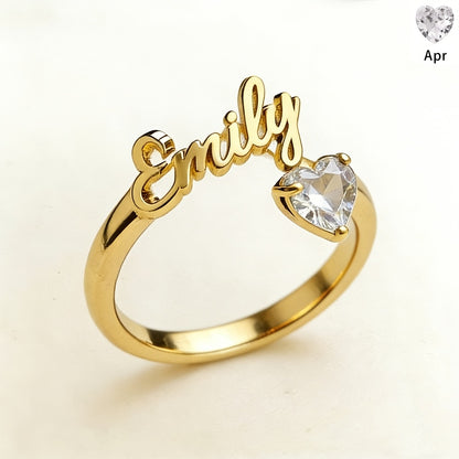 Personalized Heart Birthstone Ring, Custom Birthstone Golden Name Ring, Stainless Steel Elegant Nameplate Open Ring, Best Birthday Gift for Her, Birthstone Jewelry, Light Issues May Cause Color Differences in Birthstones