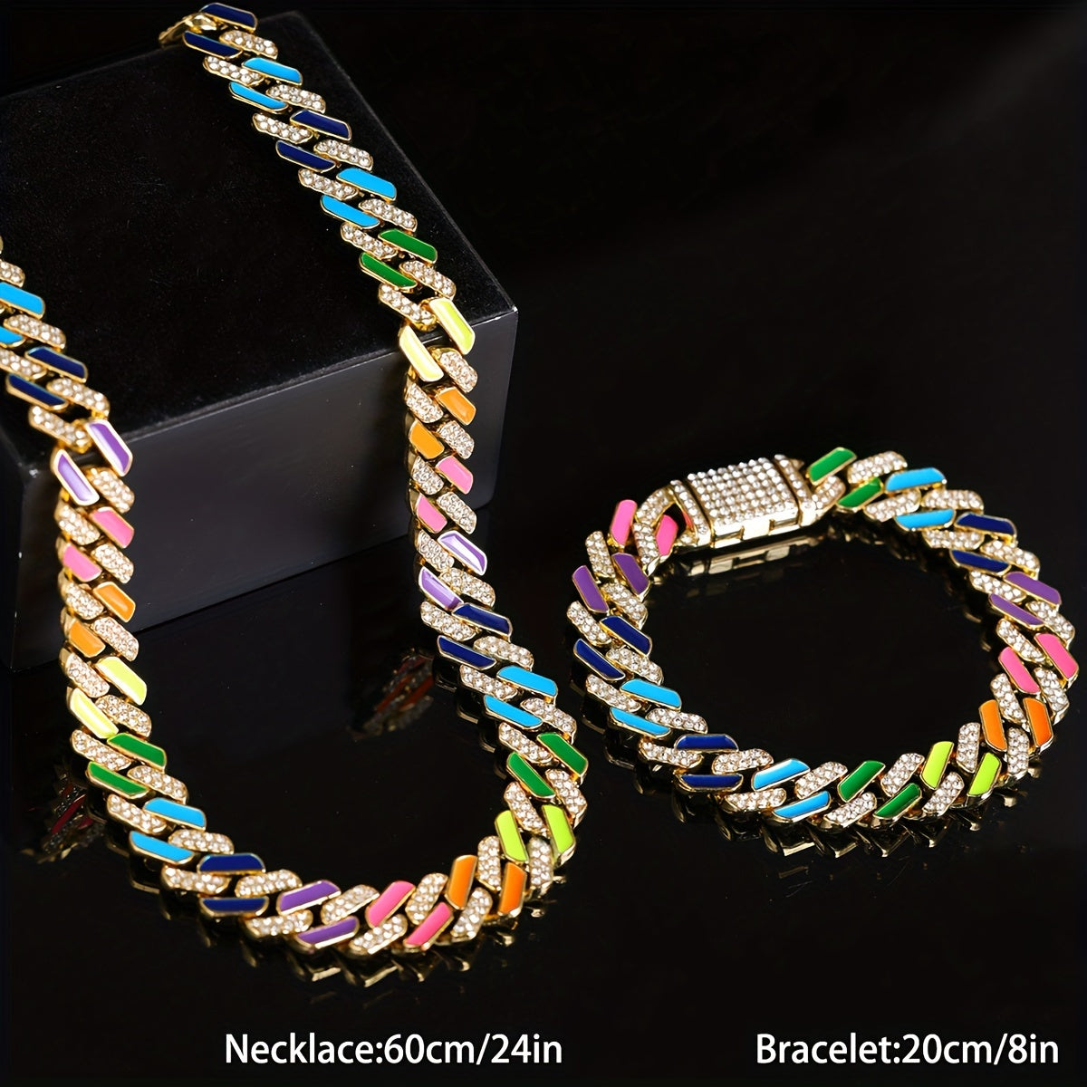 2pcs of Hip-Hop Fashion Style Colorful Oil Drop Spliced Innovative -Shaped Men'S Cuban Chain Fully Studded Necklace