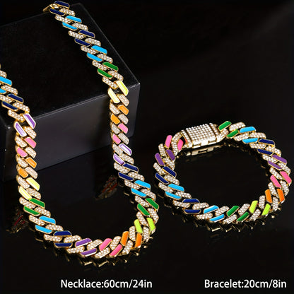 2pcs of Hip-Hop Fashion Style Colorful Oil Drop Spliced Innovative -Shaped Men'S Cuban Chain Fully Studded Necklace
