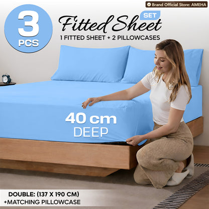 3pcs 40cm Extra Deep Fitted Sheet – Solid Color Soft & Comfortable Bed Sheet with 2pcs Matching Pillowcases, Breathable Fabric Soft Brushed Microfiber Bedding, Machine Washable for Home Bedroom, Hotel