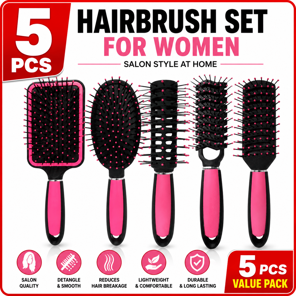 5 Pack Hair Brush Set for Women | Professional Pink Hairdressing Brushes | Paddle, Cushion, Round, Zig Zag & Vented Styling Brushes | Salon & Home Hair Brush Kit for Detangling, Volume & Smooth Styling