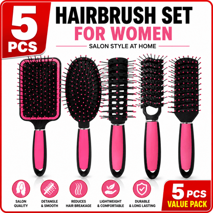 5 Pack Hair Brush Set for Women | Professional Pink Hairdressing Brushes | Paddle, Cushion, Round, Zig Zag & Vented Styling Brushes | Salon & Home Hair Brush Kit for Detangling, Volume & Smooth Styling