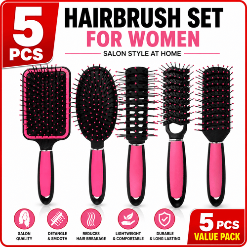 5 Pack Hair Brush Set for Women | Professional Pink Hairdressing Brushes | Paddle, Cushion, Round, Zig Zag & Vented Styling Brushes | Salon & Home Hair Brush Kit for Detangling, Volume & Smooth Styling