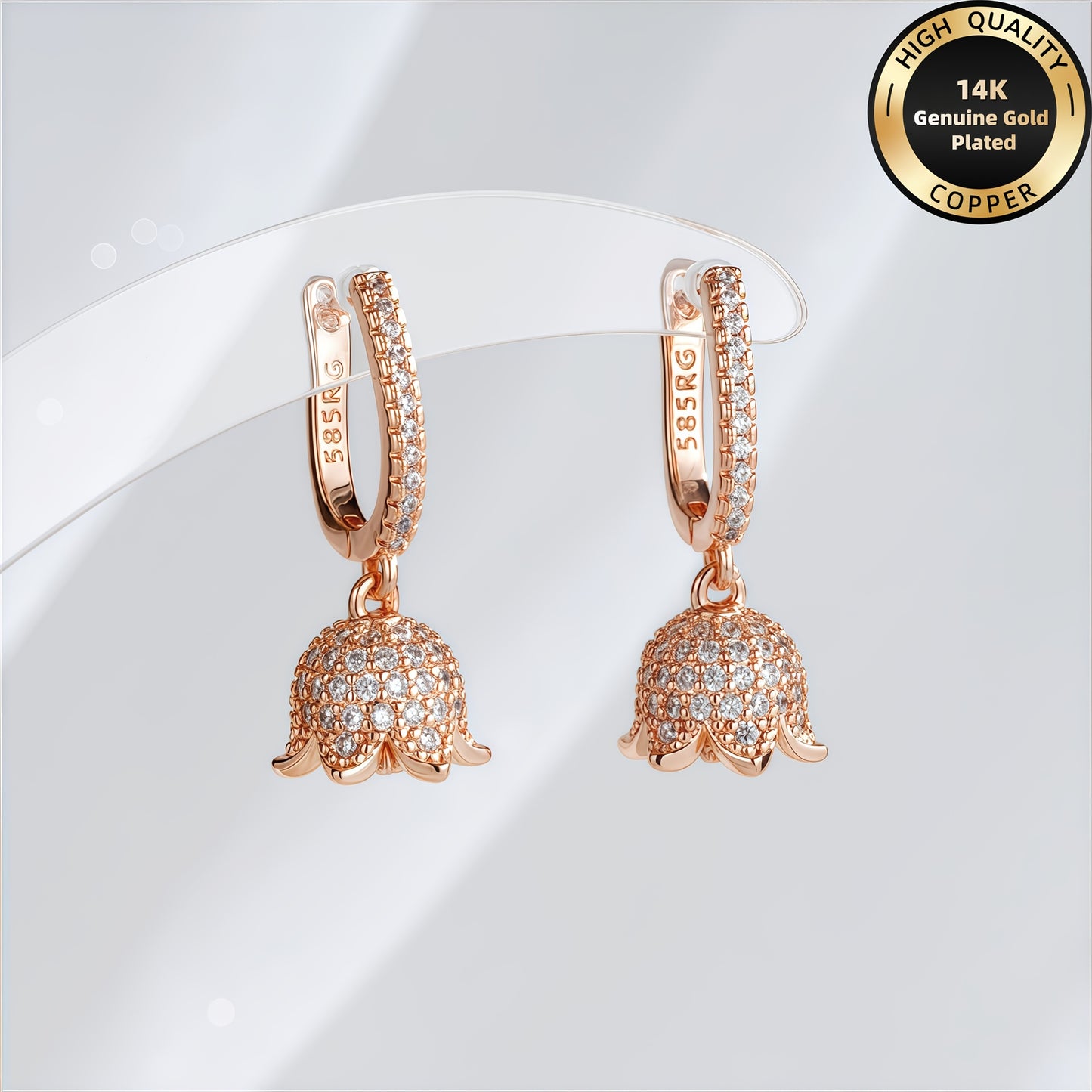 [Wedding Jewelry] A Pair of Rose Golden High-End Hypoallergenic Copper Women's Earrings, Elegant and Luxurious with Synthetic Synthetic Zirconia Inlay, Rose Flower and Lily of the Valley Pendant Design, Suitable for Daily Wear, Banquets, and Vacations, We