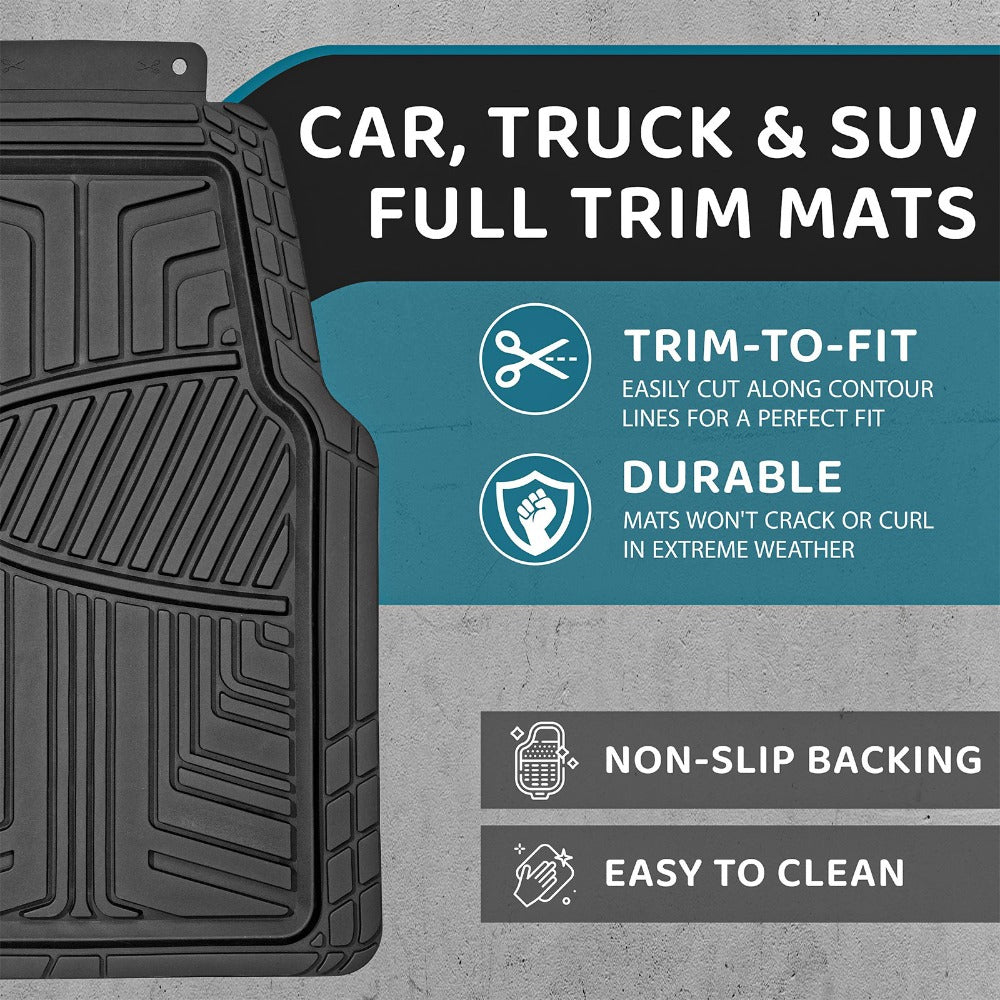 Heavy Duty Rubber Car Mats 4 Piece Set Cut to Fit Non-Slip All Weather Floor Protection for Cars, Vans, SUVs & Trucks – Front 76x50cm, Rear 39x37cm