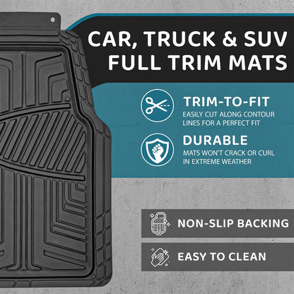 Heavy Duty Rubber Car Mats 4 Piece Set Cut to Fit Non-Slip All Weather Floor Protection for Cars, Vans, SUVs & Trucks – Front 76x50cm, Rear 39x37cm