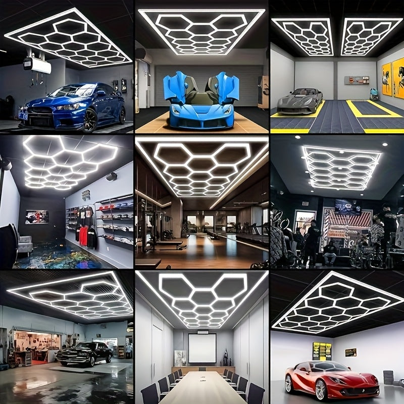 Rectangular Frame Hexagonal LED Garage Light, High Brightness 712W 168000LM 6500K, Ceiling Light, Garage Light, Detail Light, Hexagonal Lighting, LED Garage, Suitable for Garages, Shops, Basements, Car Beauty Shops, Etc., with Installation Clip