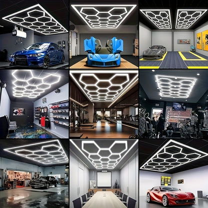 Rectangular Frame Hexagonal LED Garage Light, High Brightness 712W 168000LM 6500K, Ceiling Light, Garage Light, Detail Light, Hexagonal Lighting, LED Garage, Suitable for Garages, Shops, Basements, Car Beauty Shops, Etc., with Installation Clip