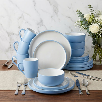 *** NEW *** Waterside 16pcs Pastel 2tone Blue Stoneware Dinner Set; 4 Dinner Plates, side Plates, Deep Bowls and Mugs
