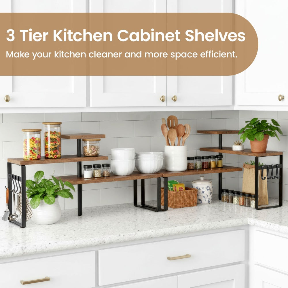 3-Tier Adjustable Countertop Organizer Spice Rack, Corner Shelf with 4 Hooks, Rustic Kitchen Counter Organizer for Coffee Bar, Bathroom, Cabinet, Desk