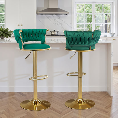 2pcs Modern Swivel Woven Velvet Bar Stools/360° Swivel Adjustable Height with Backs Golden Metal Tall Bar Stools Counter Height for Kitchen Island/for Christmas, Festival, New Year's Gift