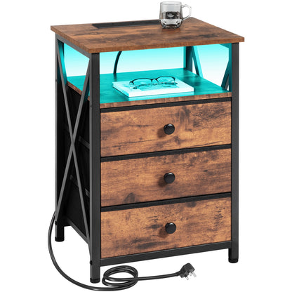 AMHANCIBLE 1/2pcs Nightstand, Side Table With LED Light And Charging Station, Nightstand With USB Port And Socket, Nightstand With 3 Fabric Drawers For Bedroom, Living Room, Sofa Side Table, Nightstand