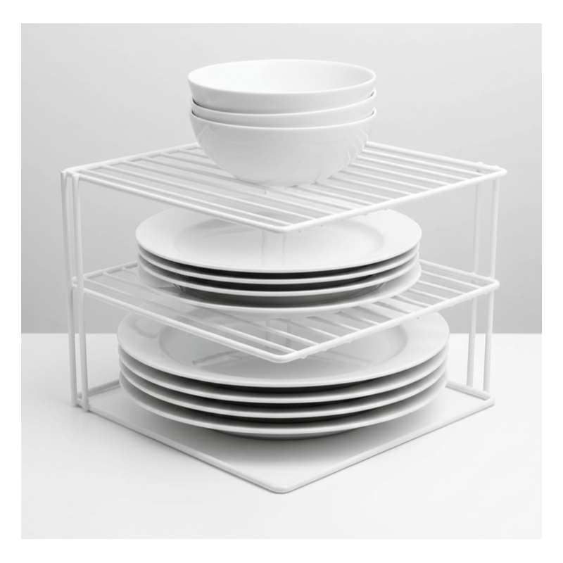 3 Tier White Corner Kitchen Plate Rack Tidy Cupboard Shelf Insert Organiser New