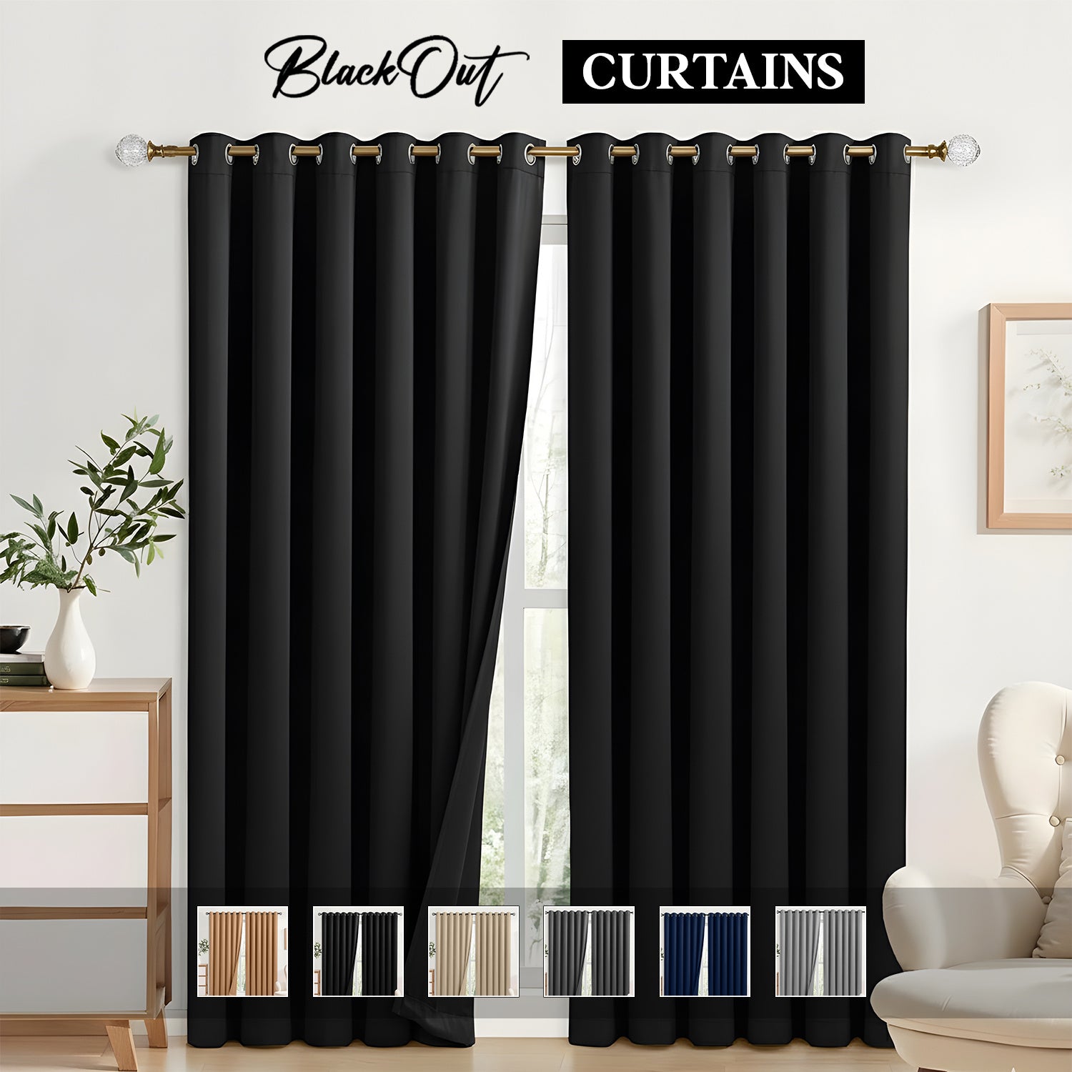 Blackout Eyelet Curtains with Matching Ties – Colour & Size Options - product view 1