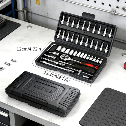 43pcs/52pcs 1/4" Heavy-Duty Socket Set With Quick-Release Ratchet, Screwdriver Kit, And Extension For Manual Use On Automobiles And Trucks - Includes Durable Iron Construction, Storage Case, And Versatile Tool Kit For And Professional Mechanics