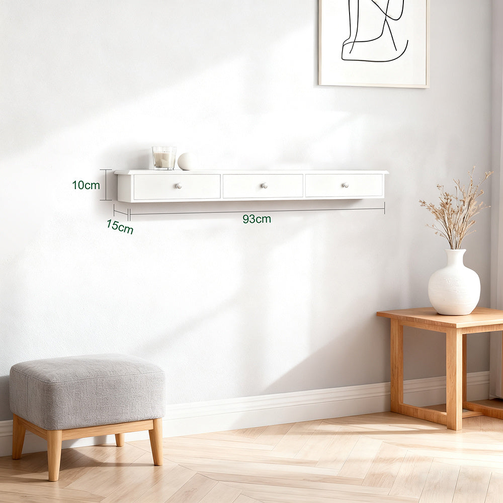 1pc Wall Shelf with 3 Drawers - Modern Suspension Shelf for Entrance, Living Room, Kitchen And Bedroom - White 94X15X10Cm - GSH54-M-X