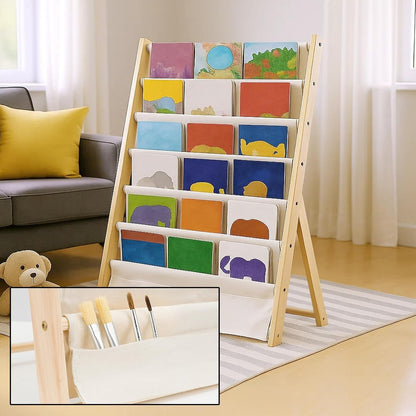 7-Tier Fabric Bookshelf with Deep Pockets, Wood Frame Standing Book Rack, Space-Saving Display Storage for Books, Magazines & Albums, Home and Office Organiser