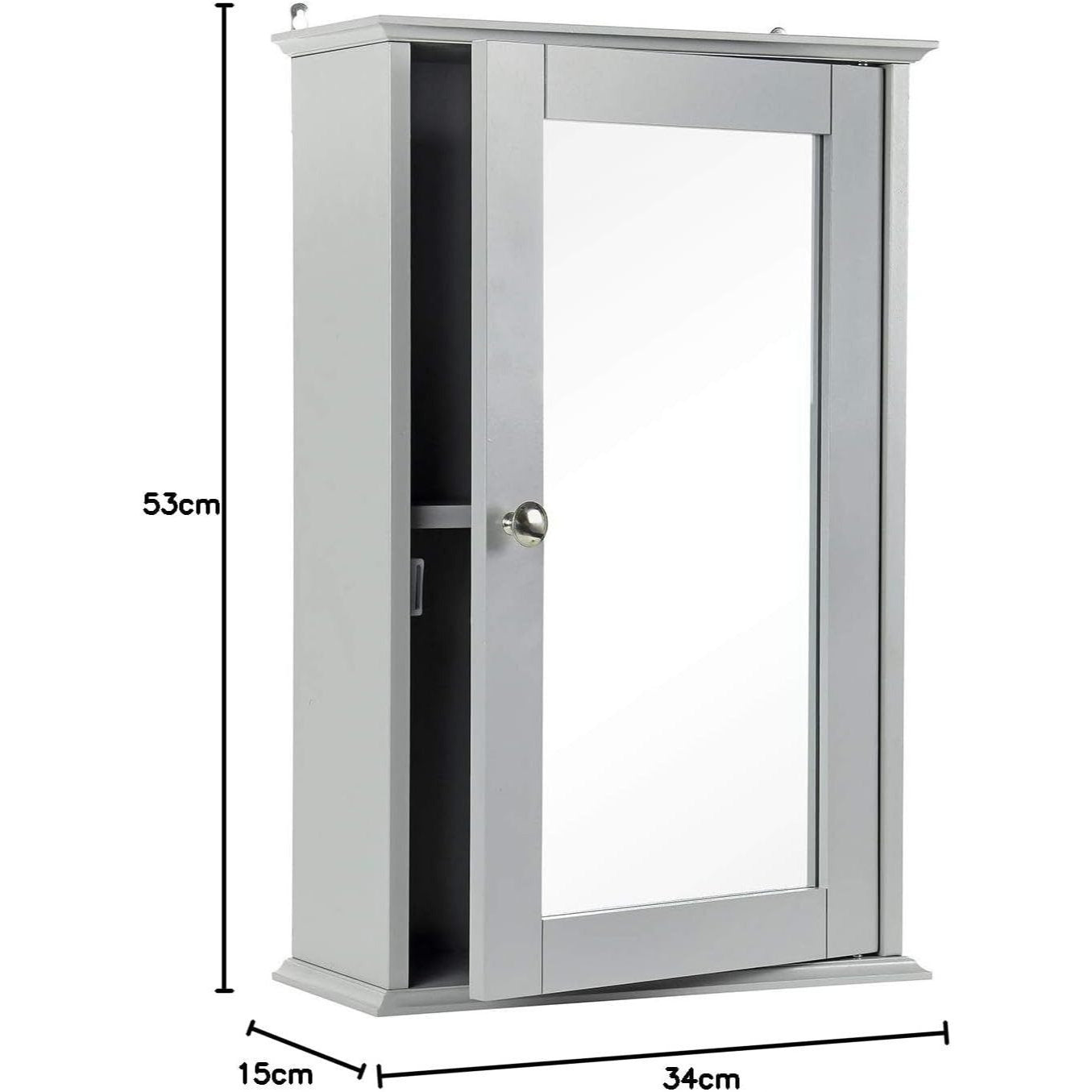 Single Door Mirrored Bathroom Cabinet Storage Cupboard Organiser Wall Mounted Mirror Cabinet with Adjustable Shelf 34cm x 15cm x 53cm