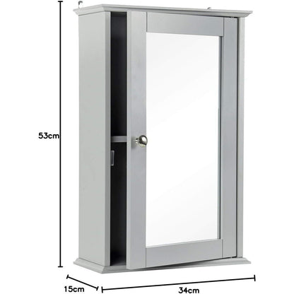 Single Door Mirrored Bathroom Cabinet Storage Cupboard Organiser Wall Mounted Mirror Cabinet with Adjustable Shelf 34cm x 15cm x 53cm