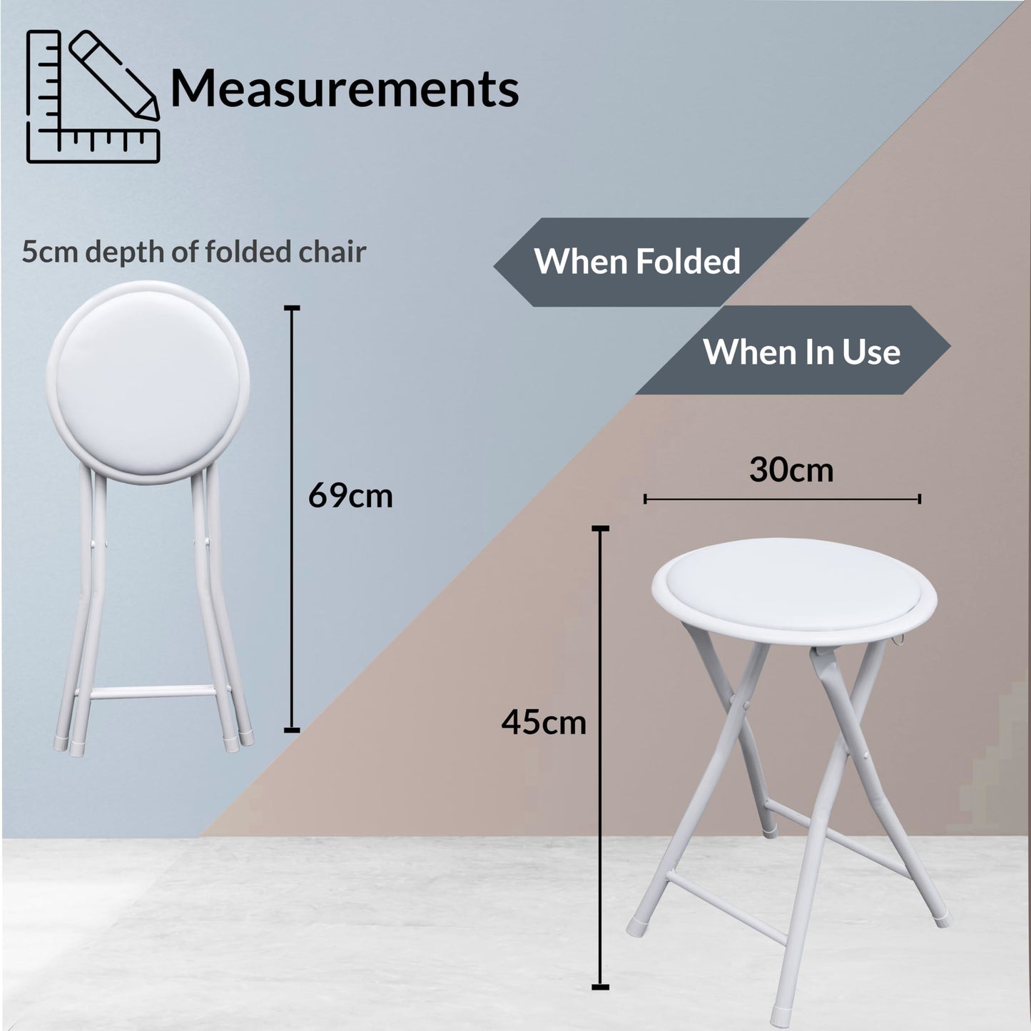 BLACK WHITE FOLDING STOOL ROUND FOLDABLE METAL SPACE SAVING STOOLS PADDED SEAT