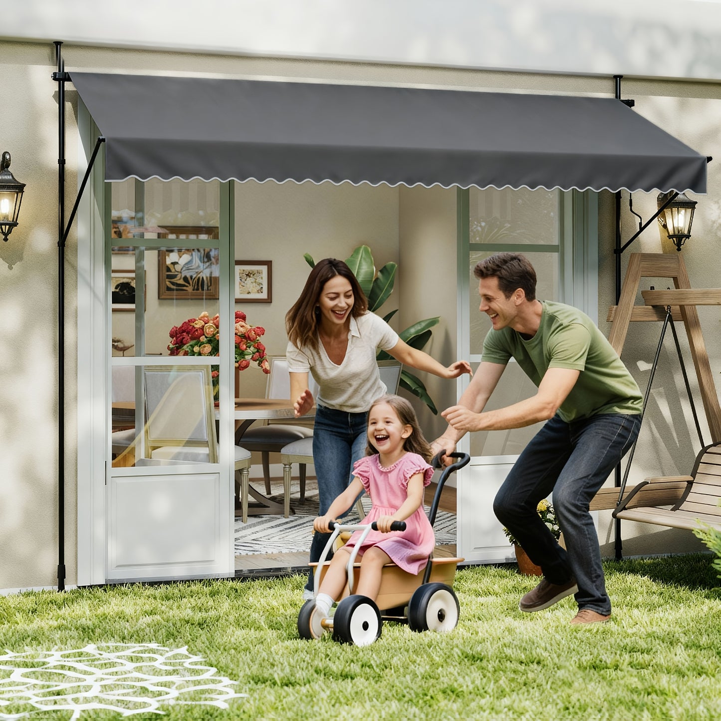 Clamp Awning With Hand Crank Balcony Awning No Drilling Awning Retractable Sun Protection Made Of Polyester UV-Resistant And Height Adjustable Patio Canopy, Dark Grey/Light Grey, 200/250/300/350/400 X 120 Cm