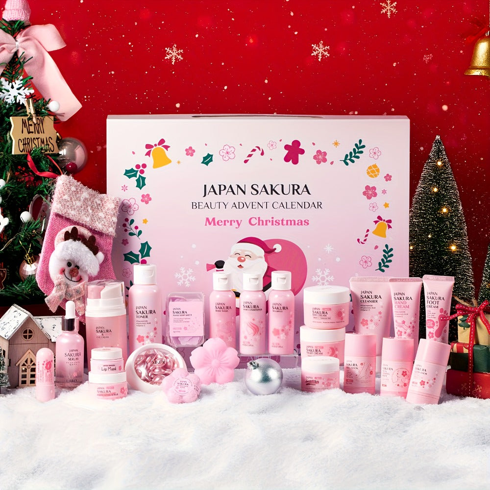 Sakura 24 Days of Beauty Advent Calendar 2026 – Radiance Skincare & Bath Body Gift Set for Women, Face Cream, Lip Balm, Foot Cream, Body Wash & Serum, Christmas Gift for Her