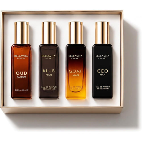New Bellavita Luxury Men's Perfume Gift Set with CEO Man, G.O.A.T., Klub, and Oud | 80ml | Perfume for Men | Lavender, Patchouli, Lemon, and Caramel Notes | Long Lasting Men's Fragrance