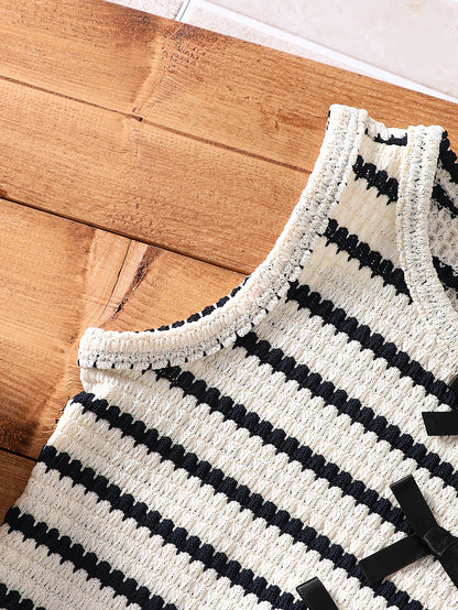 2pcs Set. Girls' Vest And Shorts Outfit, Bow Detail, Striped Knit Jacquard. Easy Fashion Design, Suitable for 1-8 Year Old Girls' Daily Casual Sports, Summer Outfit, As a Gift for Girls. Suitable for Outdoor