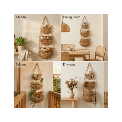 Boho Chic 3-Tier Wall Hanging Storage Basket - Handwoven Rope Organizer for Fruits, Vegetables & More - Easy Install, Versatile Home Decor, Storage Basket