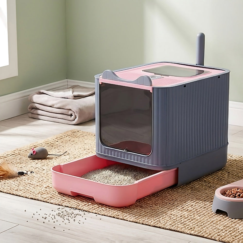 Enclosed Cat Litter Box with UV Sterilisation & Deodoriser | Large Hooded Cat Toilet with Drawer Tray & Scoop | Anti-Splash Odour Control Litter Tray | 44.5x36.5x34.5cm | Grey