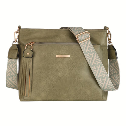 New Large-Capacity Women's Crossbody Bag with Fashionable Tassel Accessory, Wide Shoulder Strap, Contrast Color Square Bag, Simple, Casual, Versatile Commuter Single-Shoulder Underarm Bag