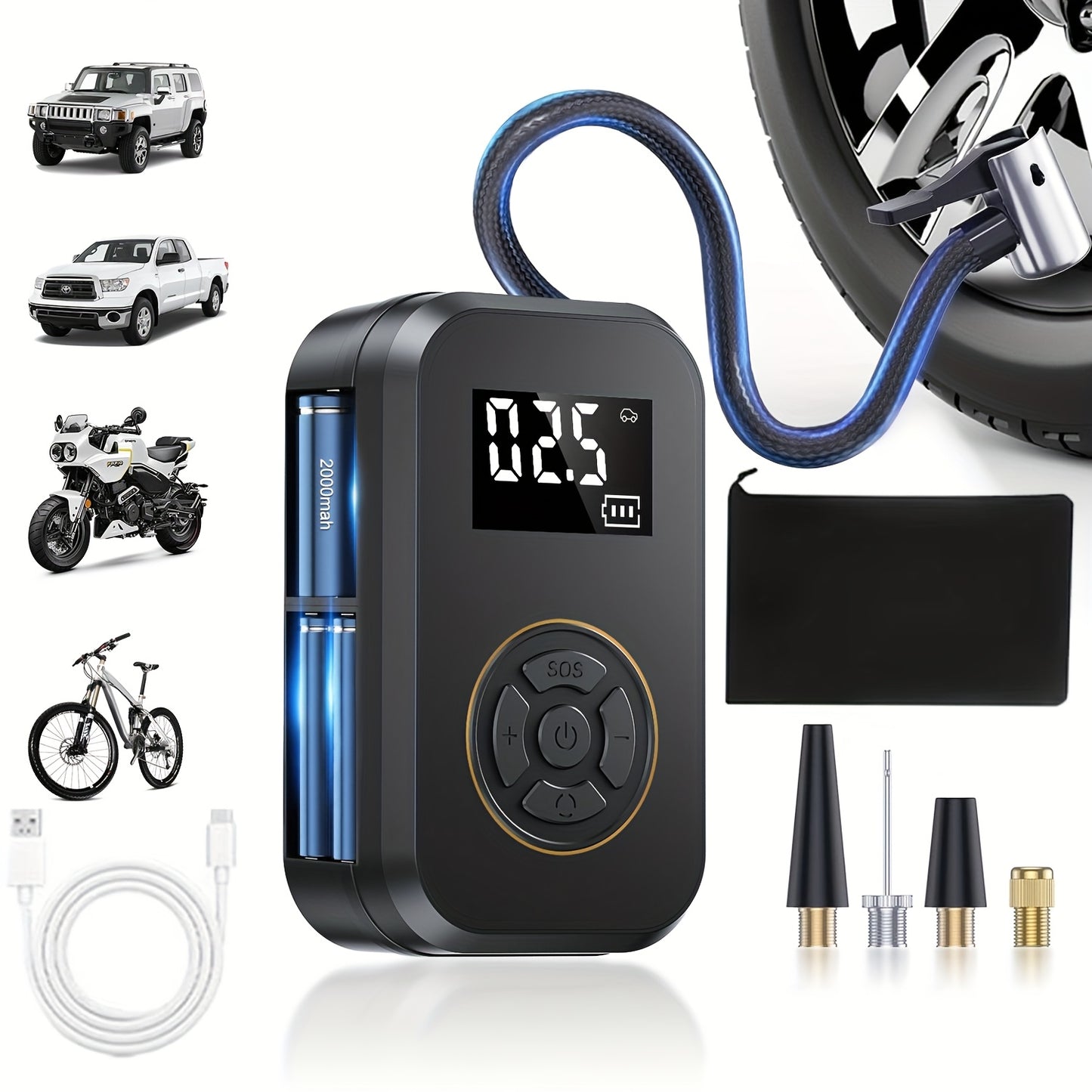 Tire Inflator Portable Air Compressor, Rechargeable Air Pump for Car Tires, Electric Bicycle Tire Air Pump with Digital Pressure Gauge for Motorcycle, Car, Ball Car, Bicycle