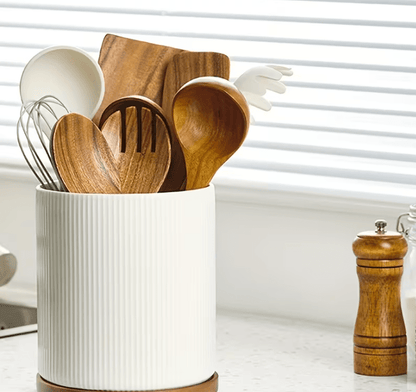 360° Rotating Ceramic Kitchen Organizer with Detachable Bamboo Base – Space-Saving Utensil Holder for Countertops, Perfect for Cooking Tools, Flower Vases, and Whisky Glasses, Kitchen Accessories