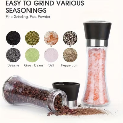 Premium 6 Pack Salt and Pepper Grinder Set Glass Body Condiment Mills with Adjustable Coarseness for Himalayan Pink Salt Peppercorns 200ml Capacity