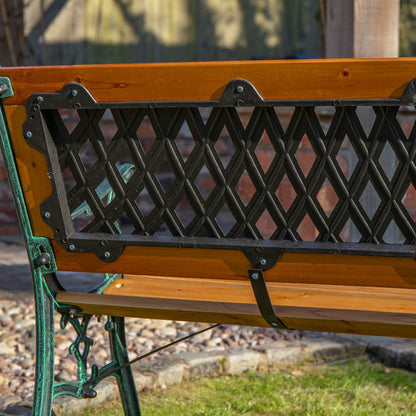 2 Seater Garden Bench Wooden Seat Cast Iron Legs Lattice Rose Backrest Outdoor Patio Bench 123cm Fir Wood Max 150kg Flat Pack