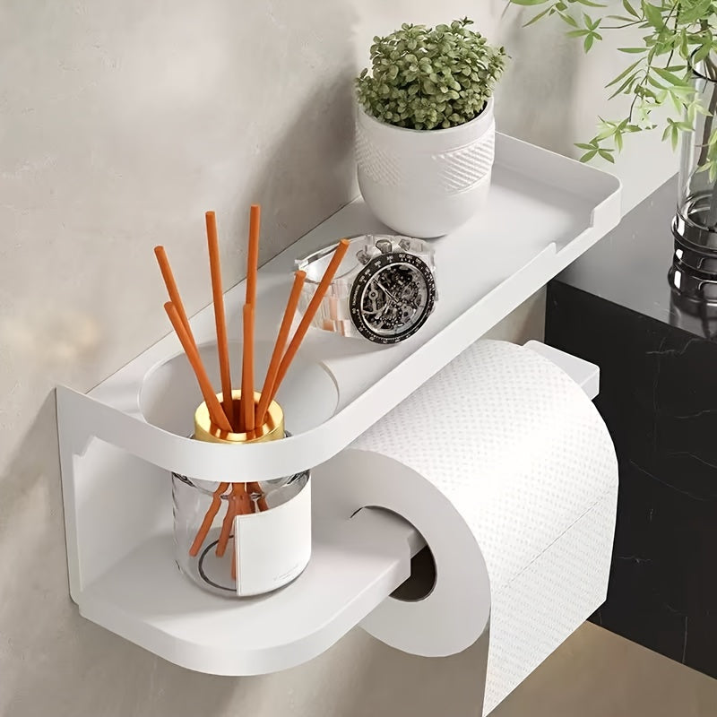 Wall-Mounted Toilet Paper Holder With Storage Shelf, No Drill Adhesive Installation, Bathroom Organizer - Space-Saving Tissue Roll Dispenser For Home Or Hotel Use