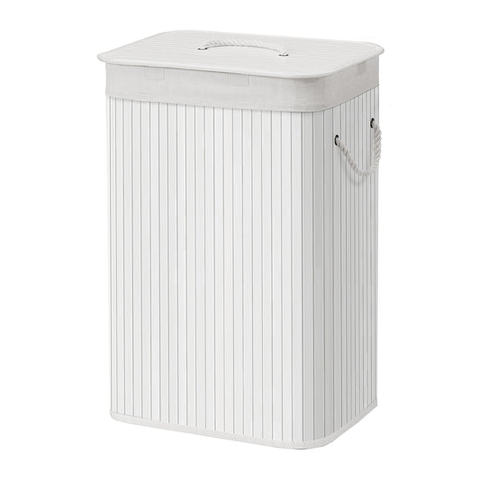 Bamboo Hamper with Lid, Collapsible Laundry Basket, Removable Liner, Handles, for Bedroom, Laundry Room, White