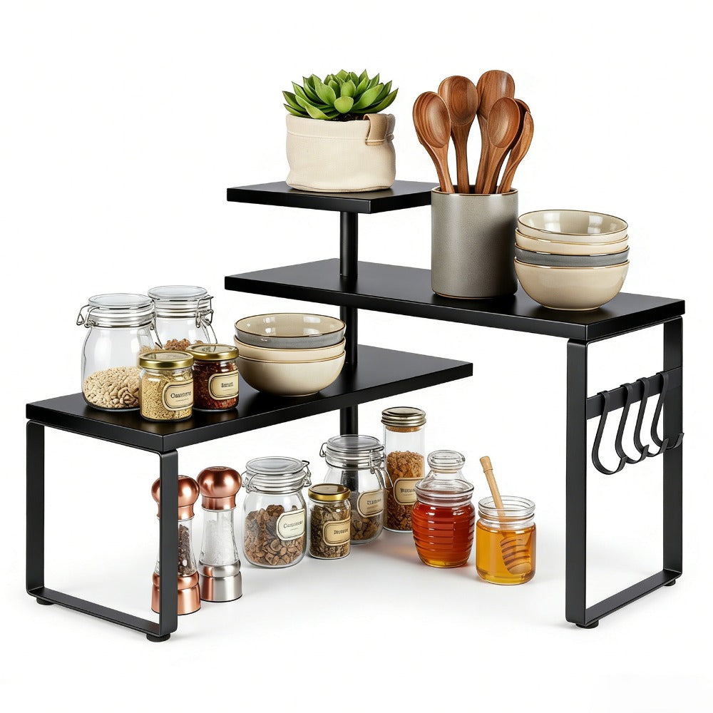 3-Tier Adjustable Countertop Organizer Spice Rack, Corner Shelf with 4 Hooks, Rustic Kitchen Counter Organizer for Coffee Bar, Bathroom, Cabinet, Desk