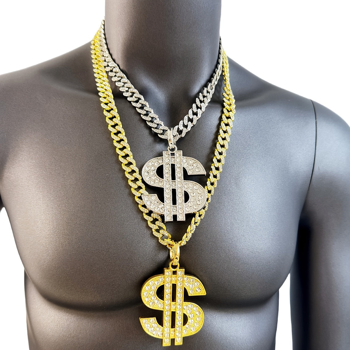 Large and Heavy US Dollar Symbol Pendant,  18K Gold Plated Alloy 18K Gold Plated-plated Cuban Chain Necklace with 12mm Full, Men's Hip-hop Style Ring Combination