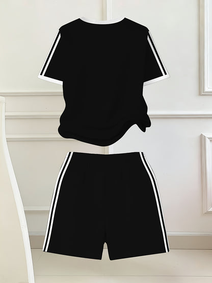2pcs Set, Easy Bow Print Short Sleeve T-Shirt And Shorts Set, Star Style, Suitable for Spring And Summer, Back-To-School Outfit, Y2K Fashion, Campus Activities, Comfortable Casual, Fashionable And Playful, Hippie Style, Retro Sweet American Style