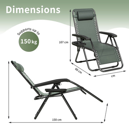 Zero Gravity Chair Foldable Reclining Outdoor Patio Lounge Chair with Padded Pillow Armrest Footrest Cup Holder Textilene Fabric Camping Garden Sunlounger Set of 1 or 2