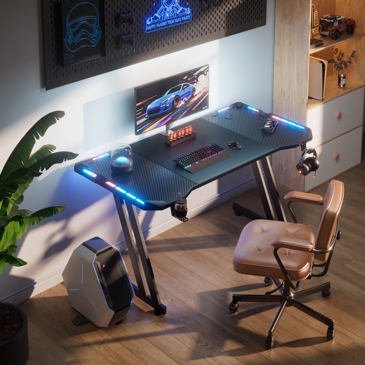 RGB Gaming Desk with LED Lights and Mouse Pad, Large Ergonomic Computer Desk with Cup Holder & Headphone Hook,Modern Carbon Fiber Design for PC Gaming & Home Office,Black