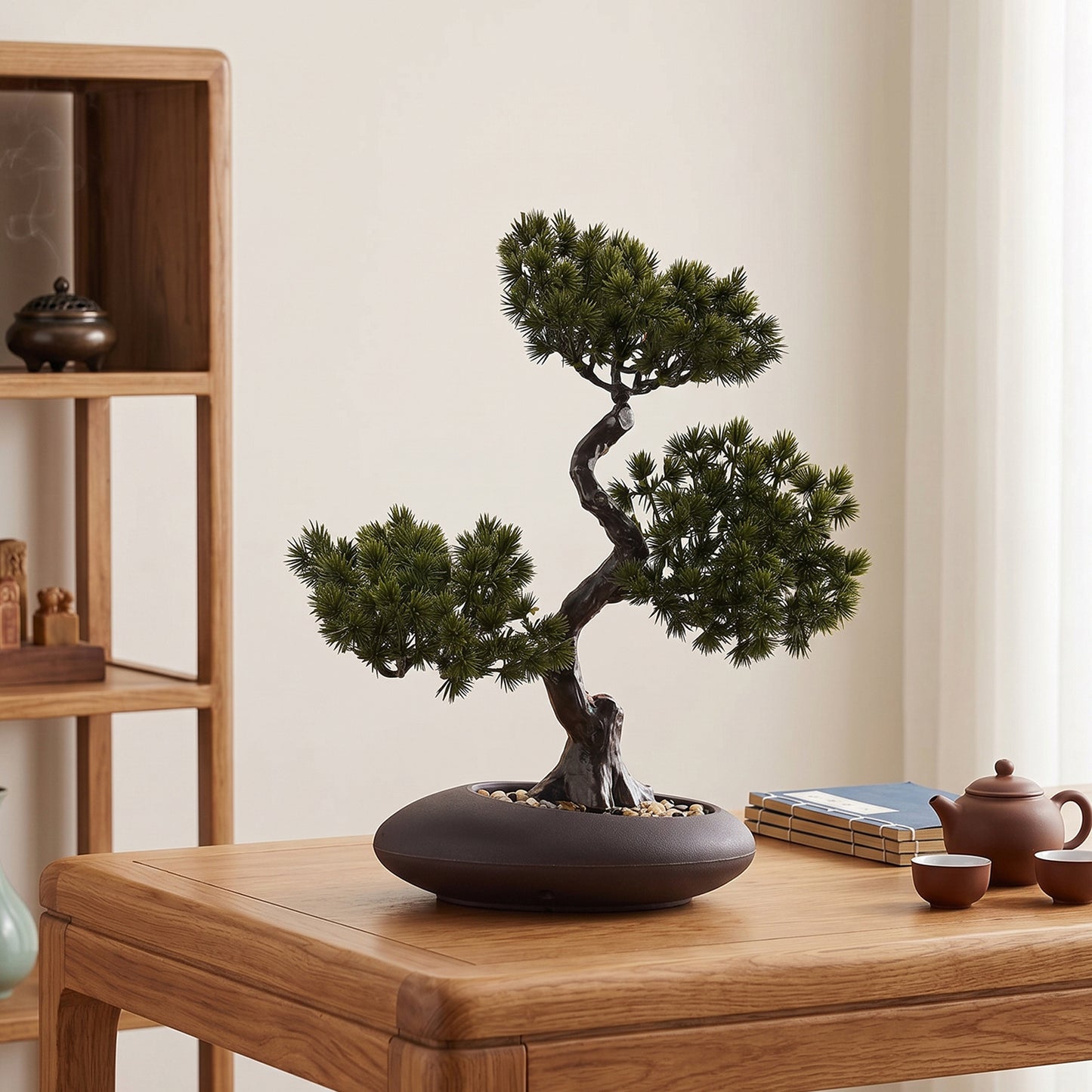 1pc Artificial Pine Bonsai Ornament, Simulation Welcome Pine Fake Plant in Matte Dark Brown Pot, Retro Curved Trunk Faux Greenery, Tabletop Desktop Decor for Shop Front Desk & Home Decor