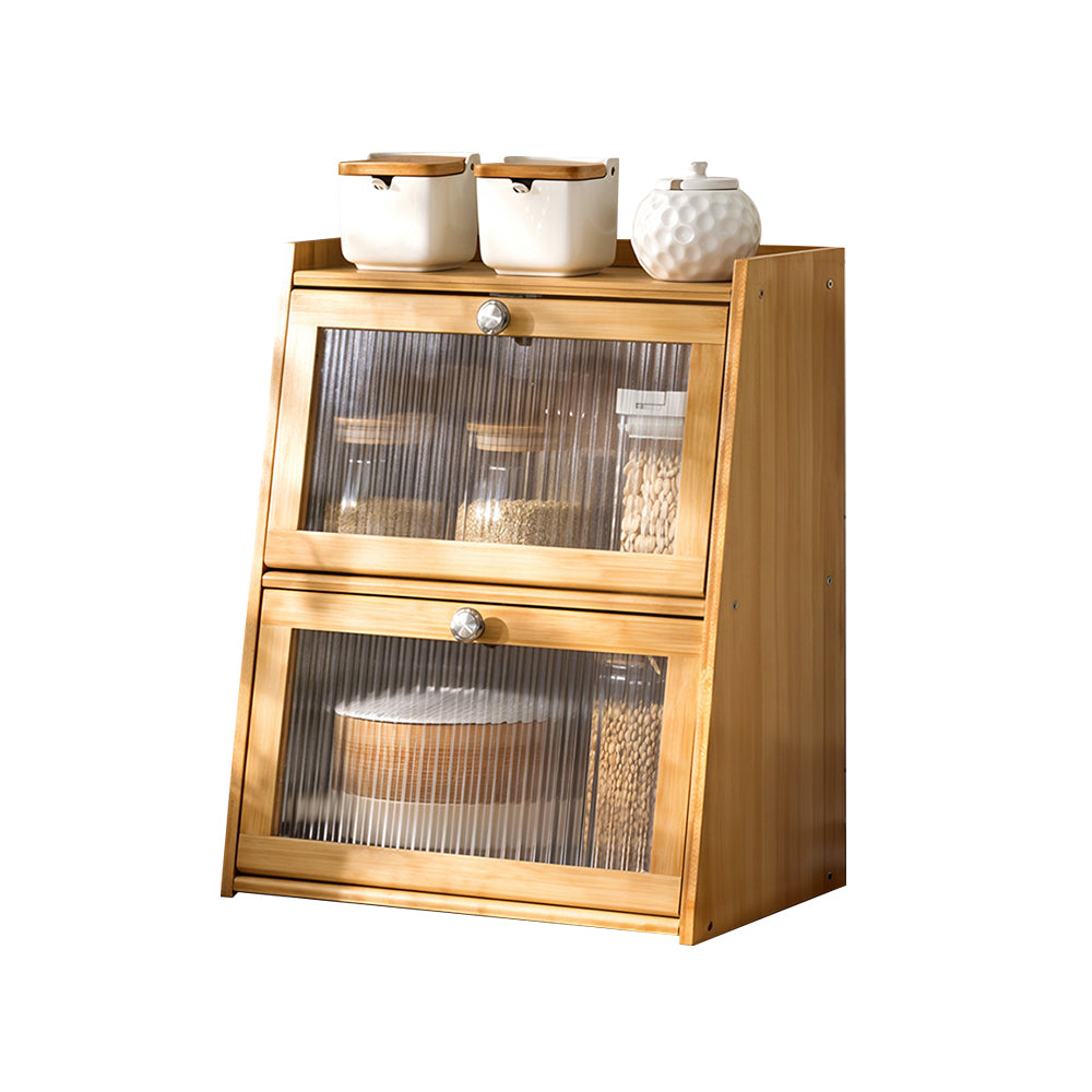1pc 2-Tier/3-Tier Kitchen Spice Rack, Countertop Storage Shelf, Multi-Functional Organizer with Transparent Door, High Quality Bamboo Material, Natural/Brown